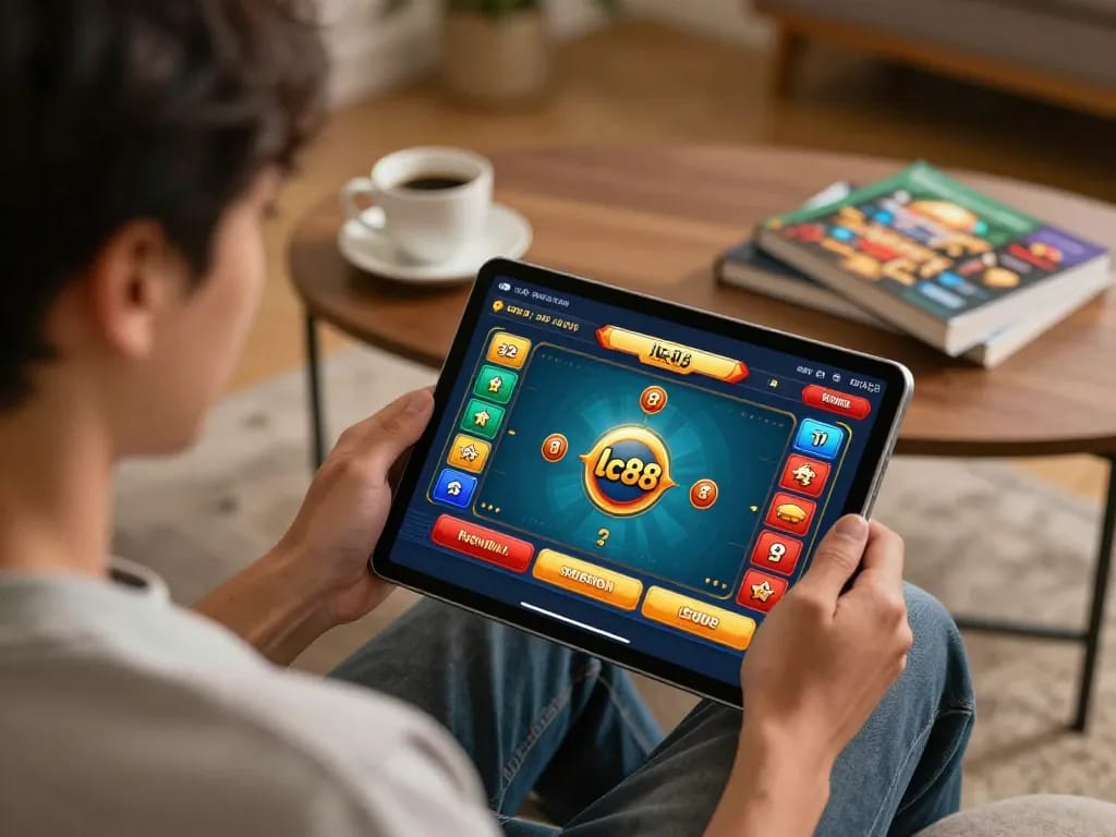 Players enjoying the lc88 online casino experience on a tablet in a cozy setting, showcasing vibrant game interface.
