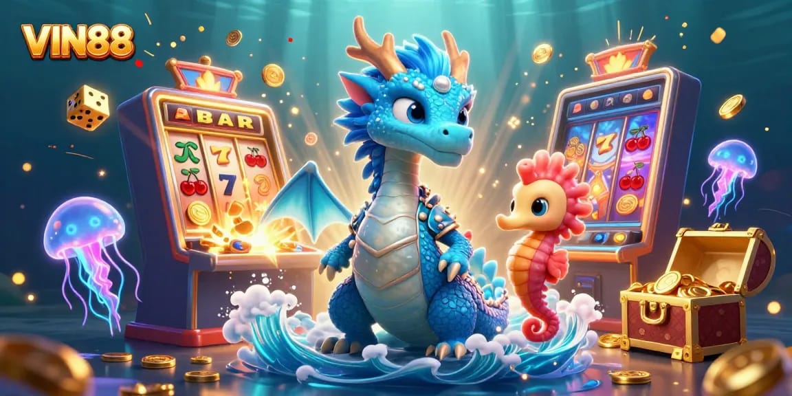 Experience the excitement of VIN88 with a vibrant underwater casino scene bursting with games and treasures.