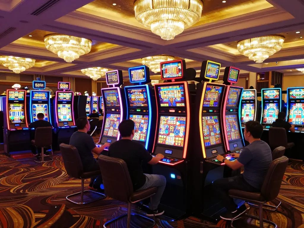 VB88 players celebrating wins at slot machines on a bustling casino floor, vibrant and exciting atmosphere.