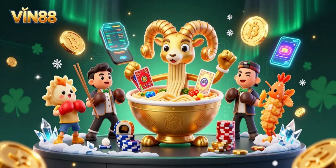 Win big at VIN88 with a vibrant scene featuring dynamic casino characters and cryptocurrency elements.