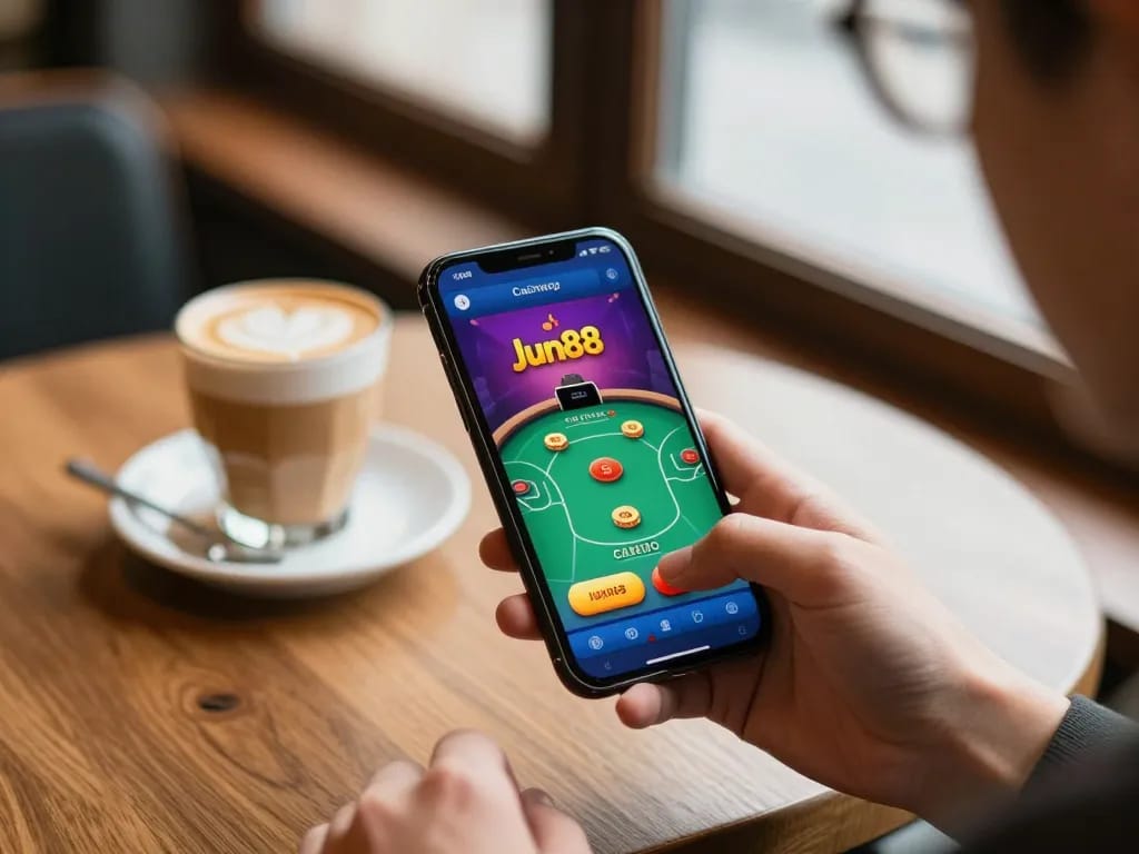 Player engaging with the jun88 casino app on smartphone at a cozy café