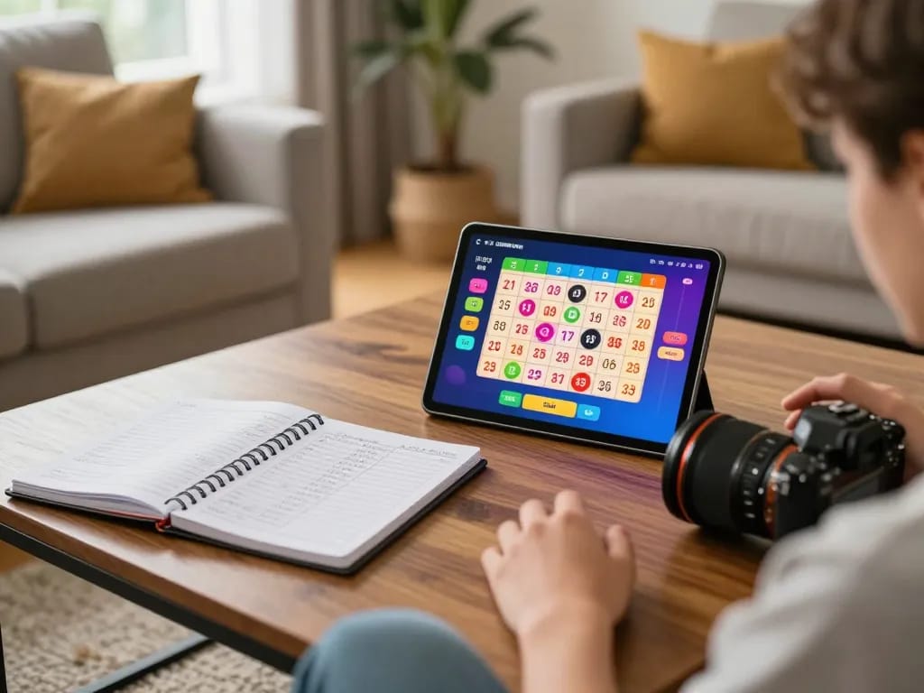 Xổ số 98win online lottery player engaging in gameplay on a tablet, cozy home ambiance