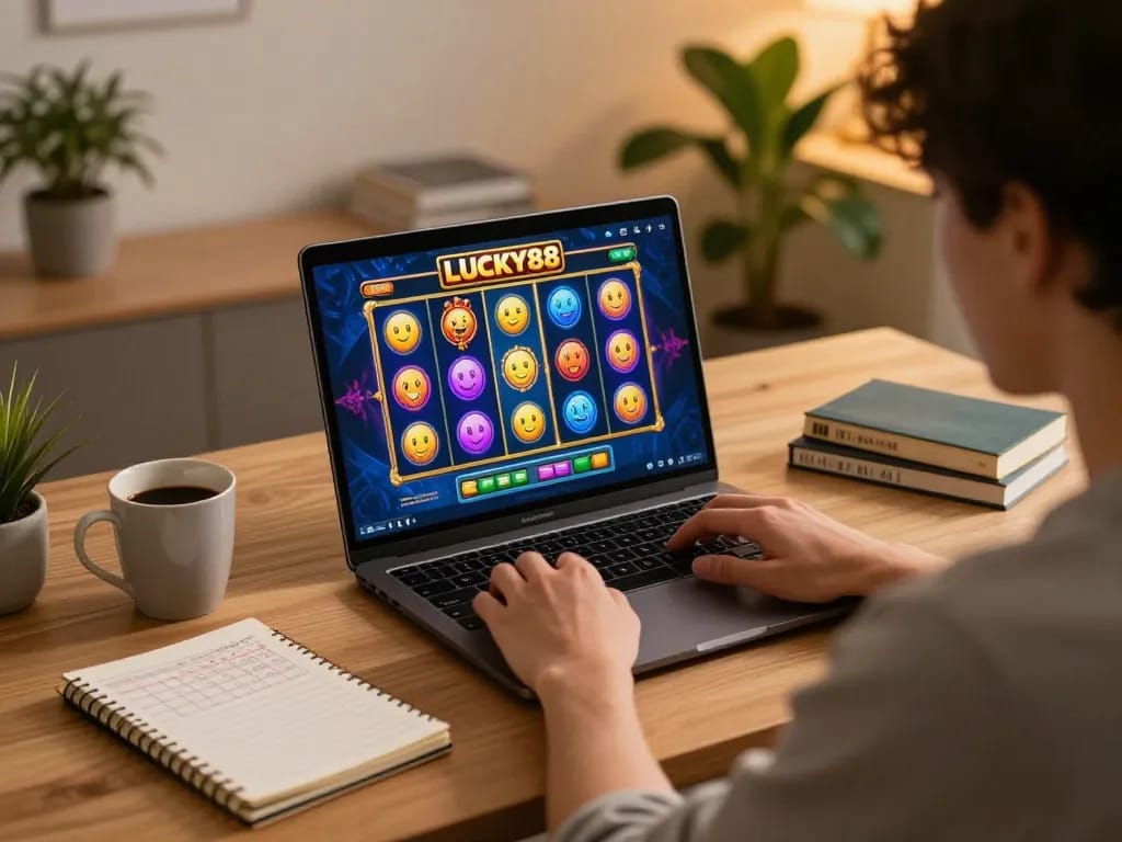 Engaged player enjoying the LUCKY88 slot game on a laptop at home, showcasing strategic online gambling.