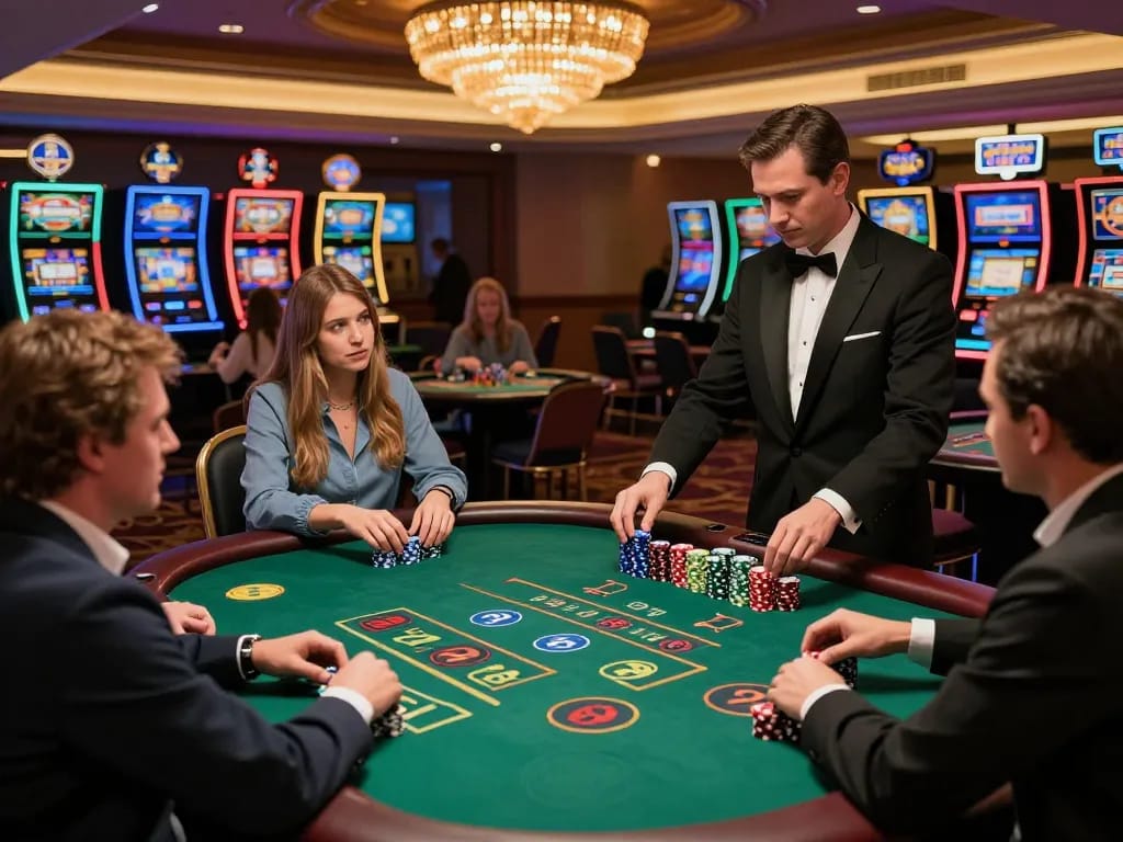 Players enjoy strategizing at blackjack tables in a lively casino atmosphere, enhancing the sapporo-dogscafe experience.