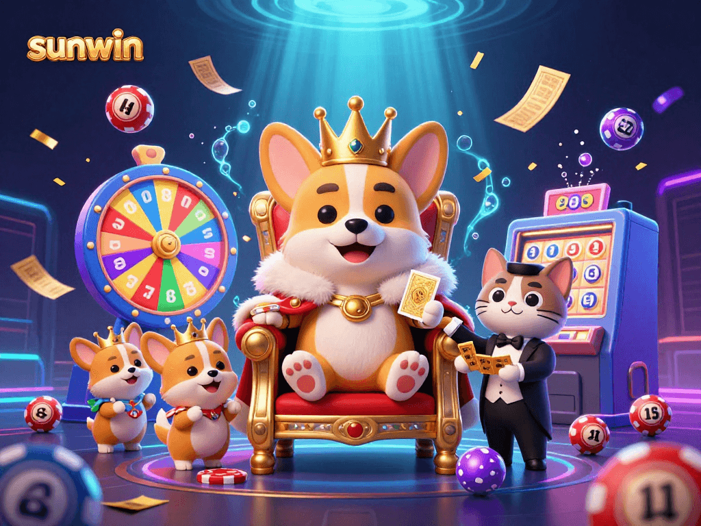 Experience vibrant gaming excitement at sunwin with a royal corgi amidst dazzling casino elements.