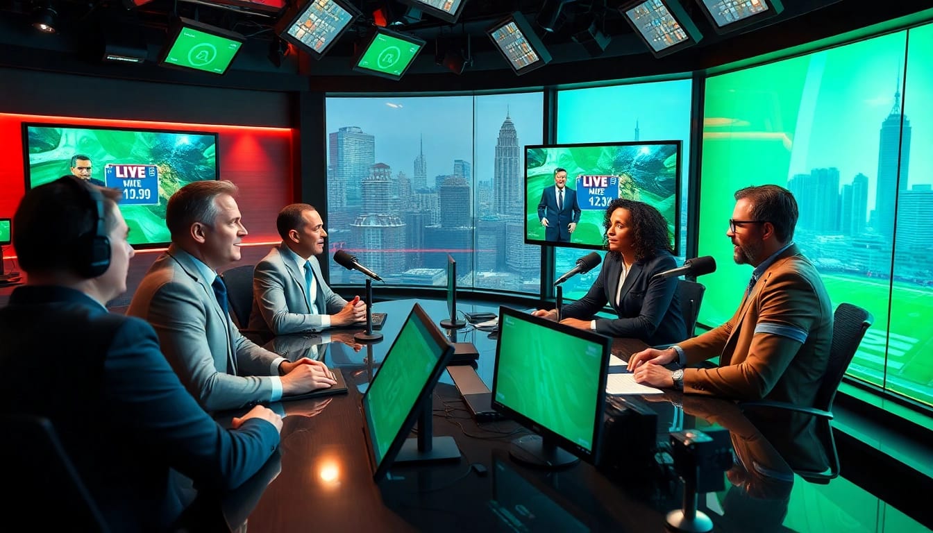 Engaging sports broadcasting scene showcasing hosts delivering live sports commentary.