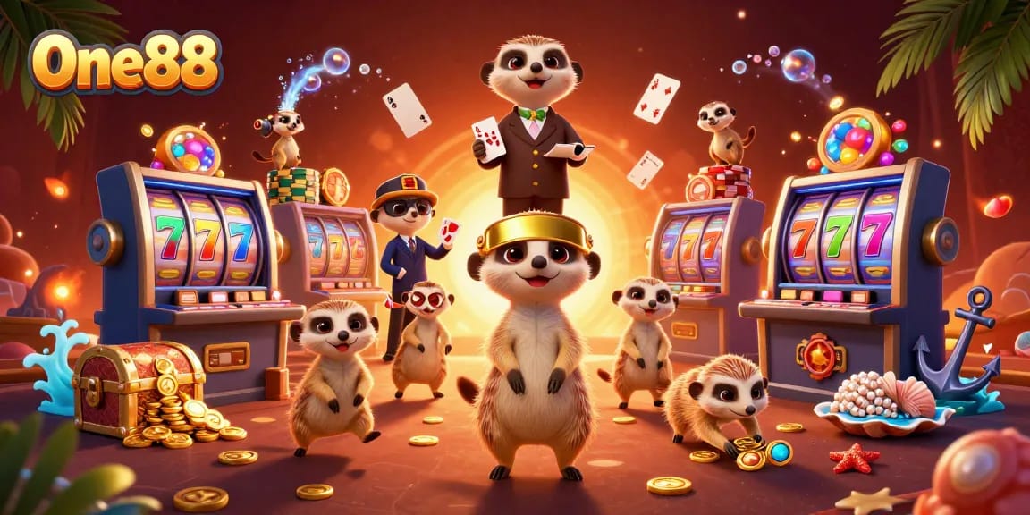 One88 showcases meerkats managing a vibrant casino with dynamic slot machines, colorful treasures, and a lively atmosphere.