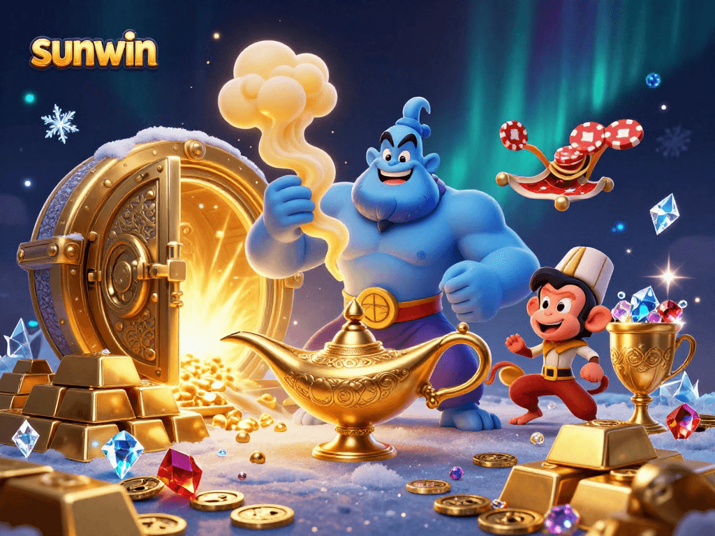 Win big at sunwin with a vibrant casino scene featuring a genie and poker chips!