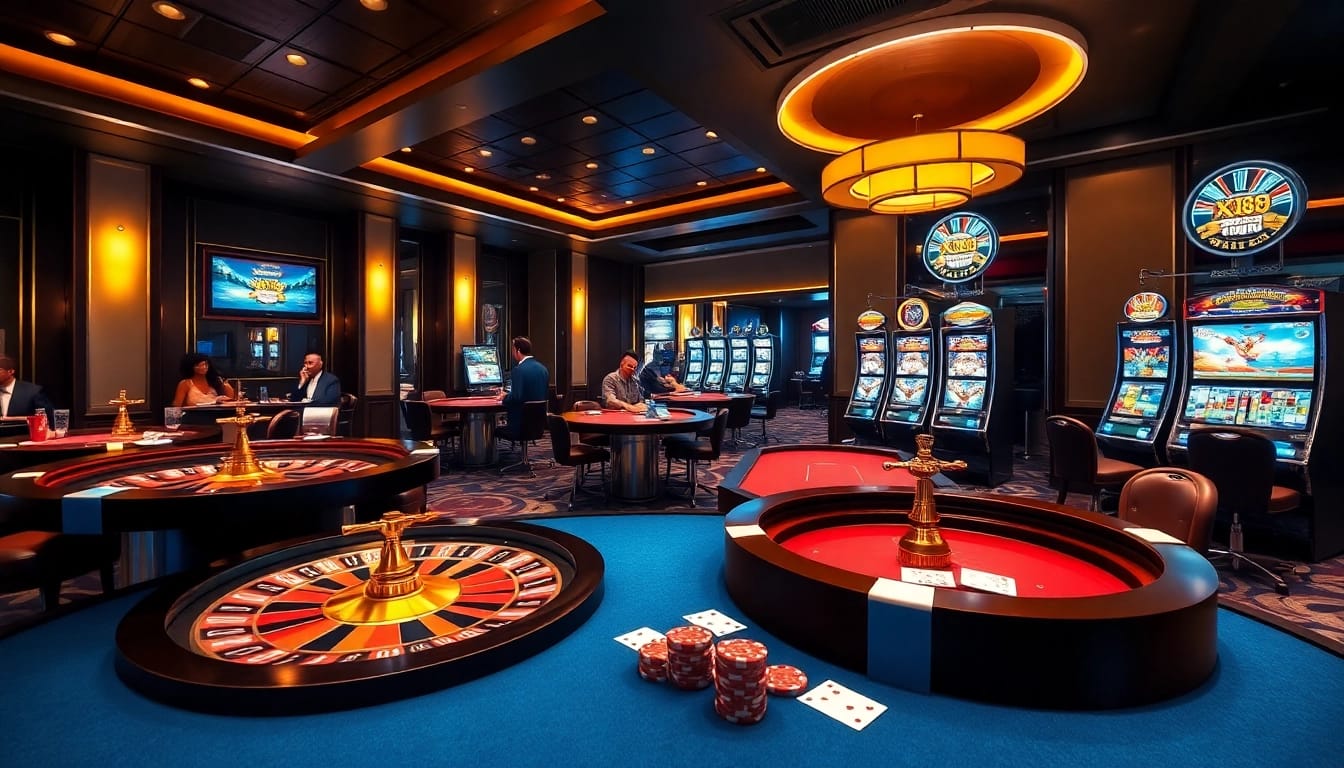 Players enjoying a thrilling game at XX88 casino with vibrant tables and slot machines.