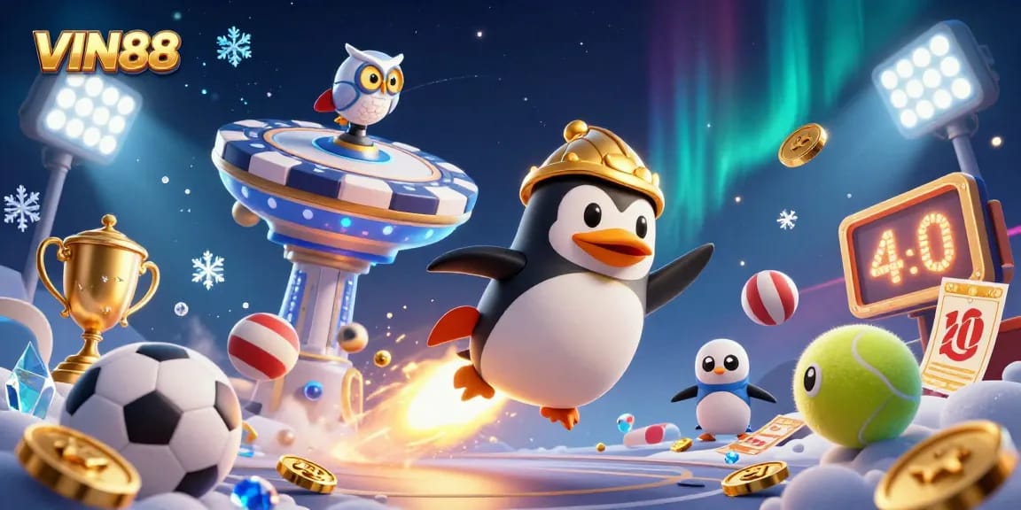 Experience the excitement of VIN88 with a golden penguin racing toward a casino space station, surrounded by dynamic sports elements.