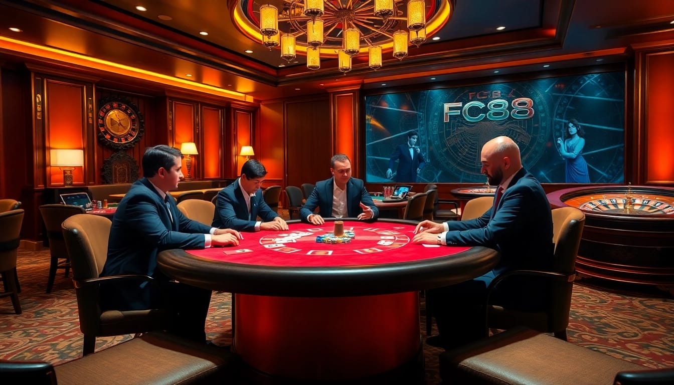Engage in thrilling casino games at fc88 with vibrant poker tables and colorful chips.