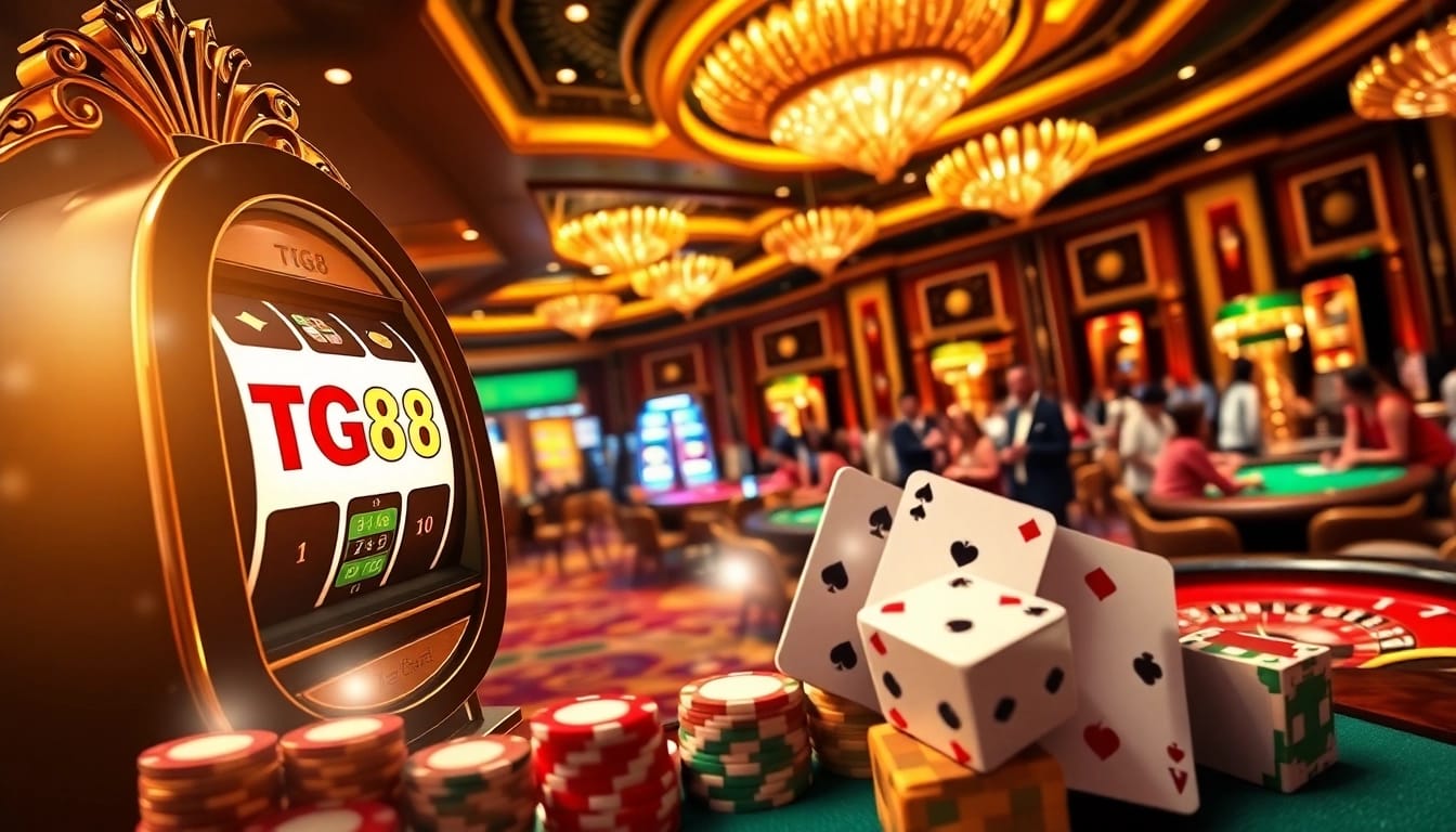 Experience the thrill of TG88 gaming with vibrant casino tables and luxurious decorations.