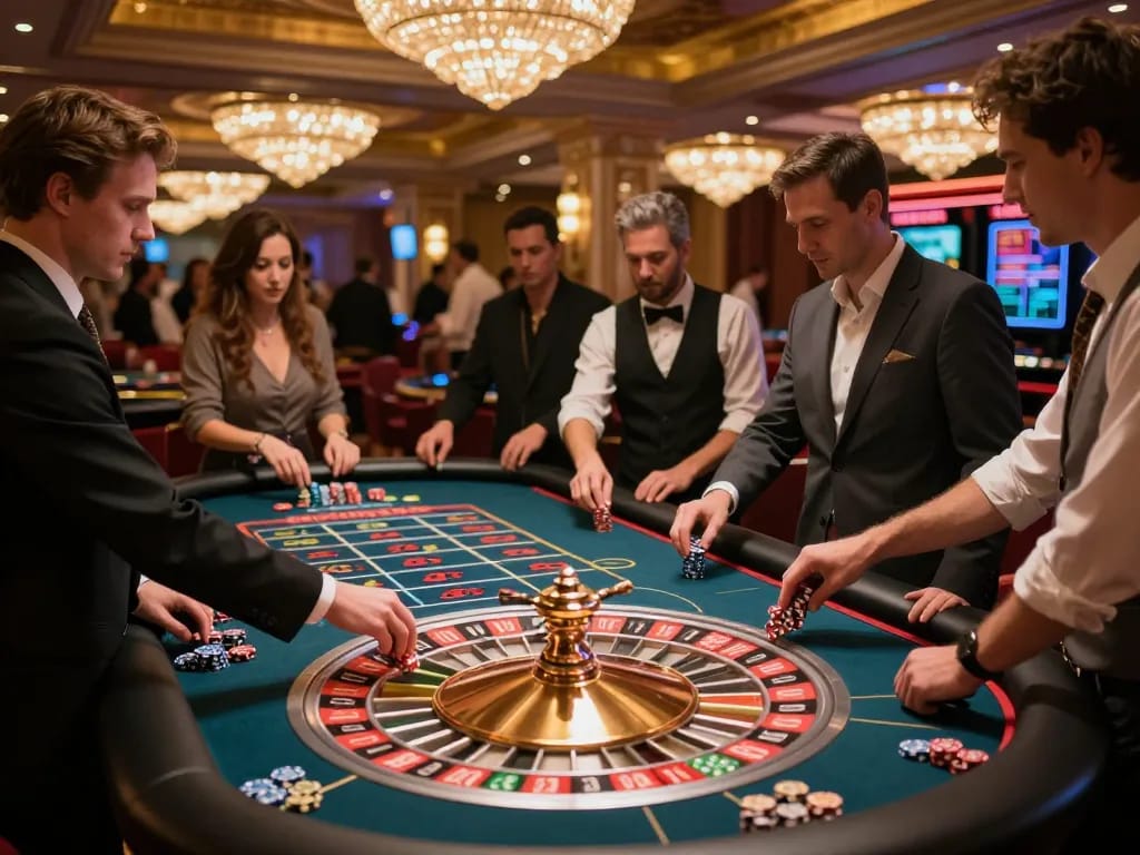 Players engaging in thrilling roulette action at a lively casino, showcasing KU88 ambiance.