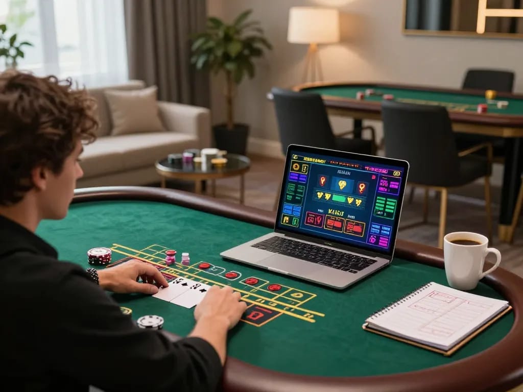 VA88 player engaged in strategic live dealer blackjack gameplay, warm atmosphere of focused online gambling
