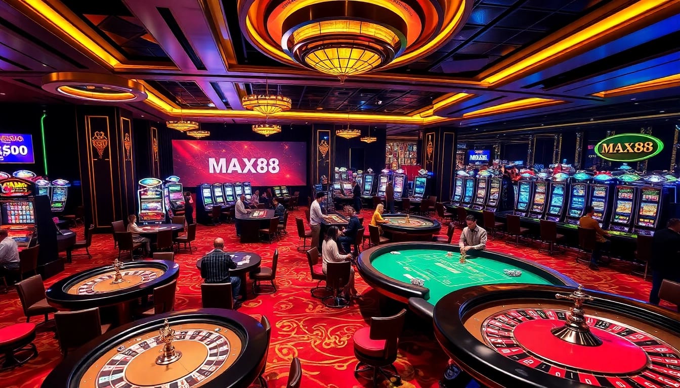 MAX88 casino floor showcasing vibrant tables, excited players, and thrilling gameplay action.