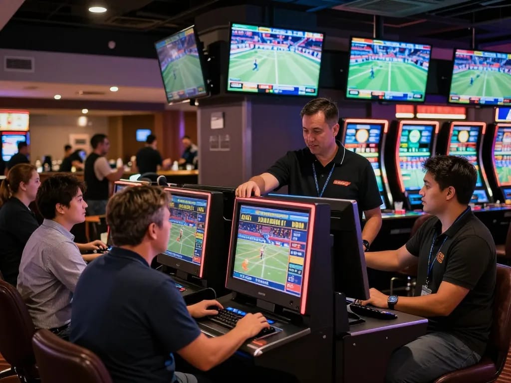 Betting enthusiasts engage with OnBet's live sports betting kiosks in a vibrant casino
