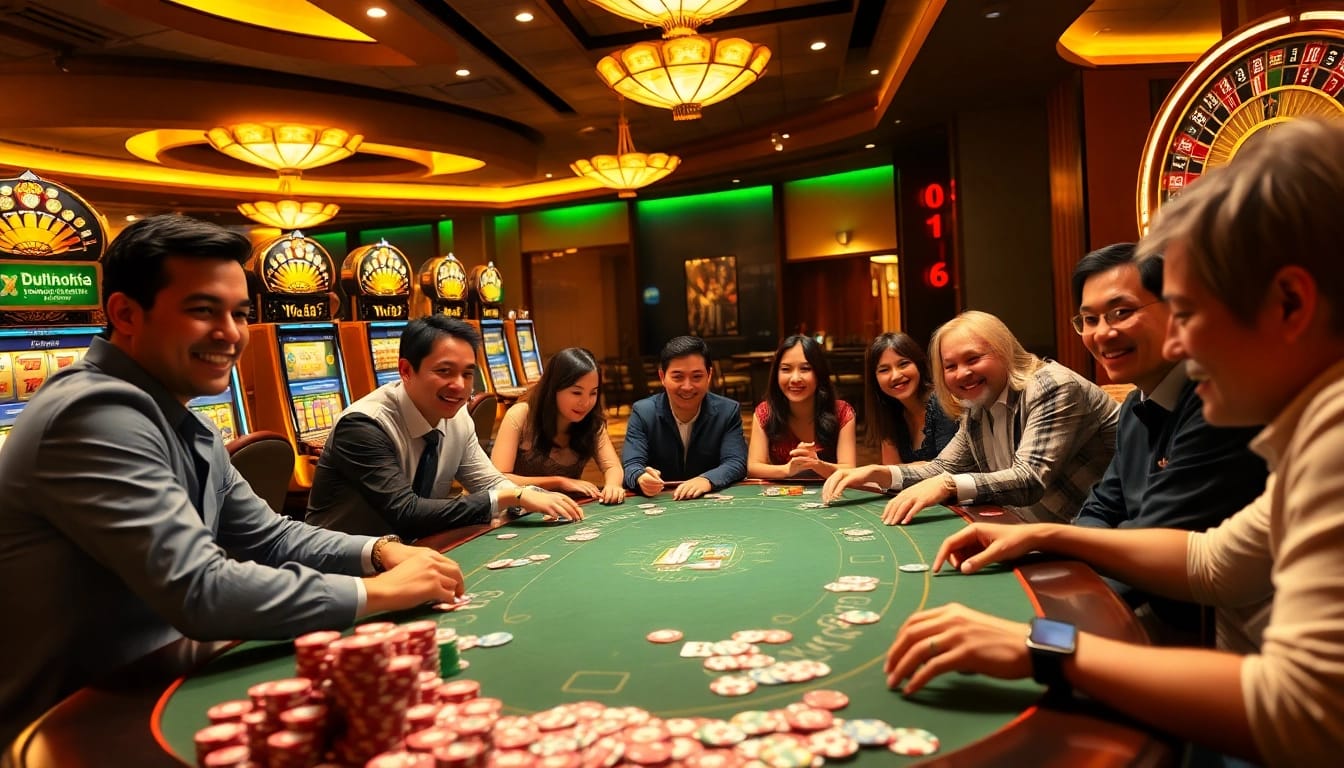 Exciting Dominoqiu gaming scene with players and luxurious casino elements showcasing high-stakes gambling.