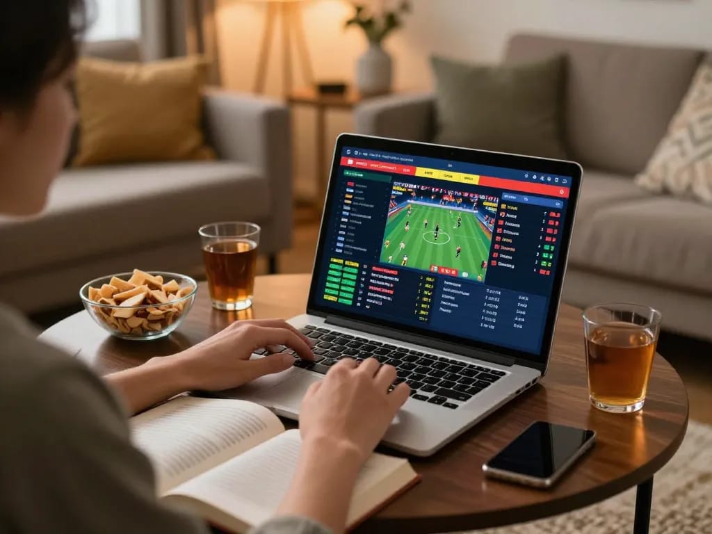 Placing strategic bets on KP88 with a laptop showing live sports odds in a cozy setting