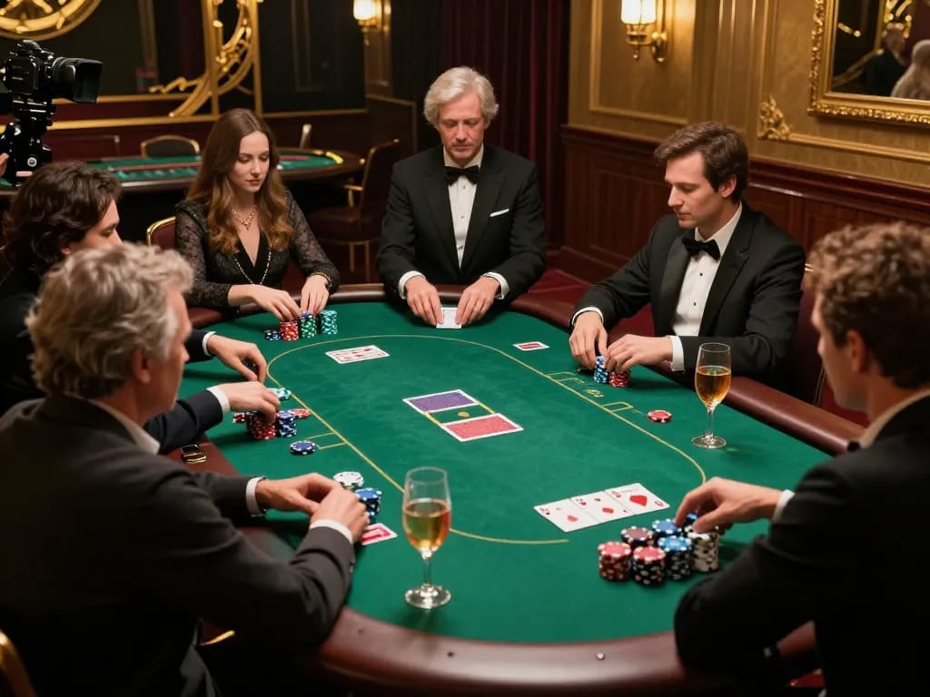 Players strategizing in an upscale poker game at RED88 casino, showcasing intense gameplay and luxurious ambiance.