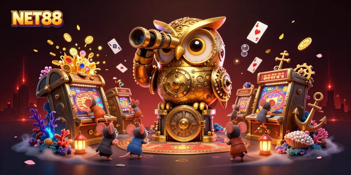 NET88 hosts a dynamic casino scene featuring a golden owl, vibrant games, and energetic animation.