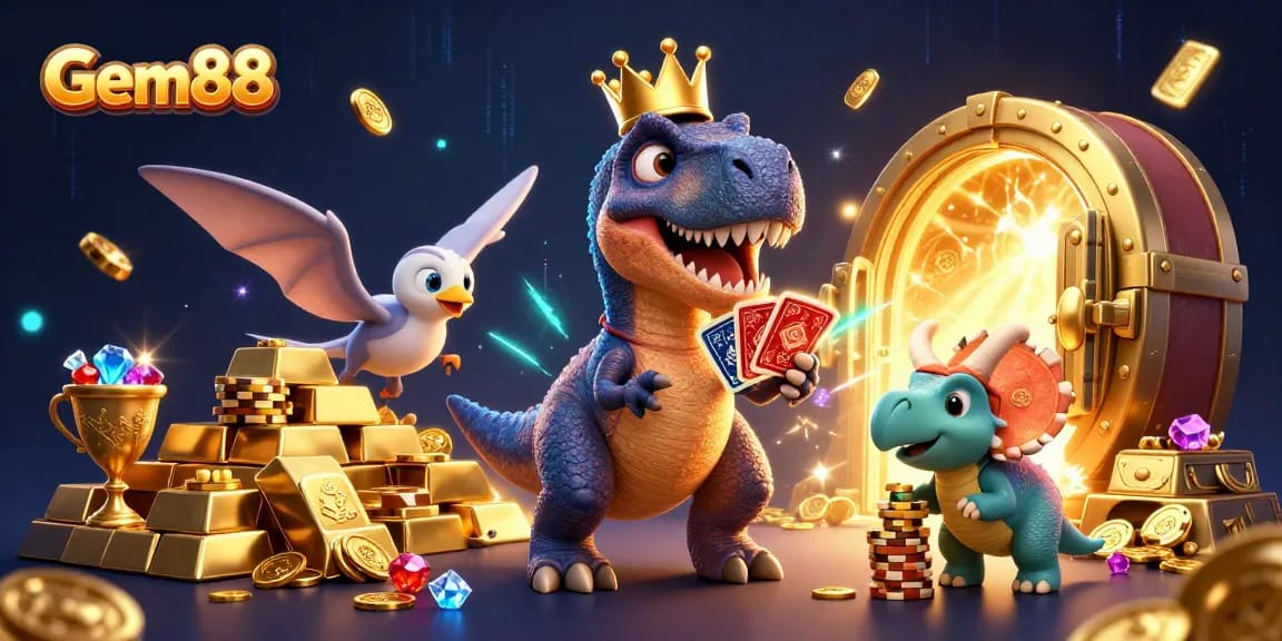 Immerse in Gem88's gaming world where a T-Rex deals cards amidst glimmering treasures.