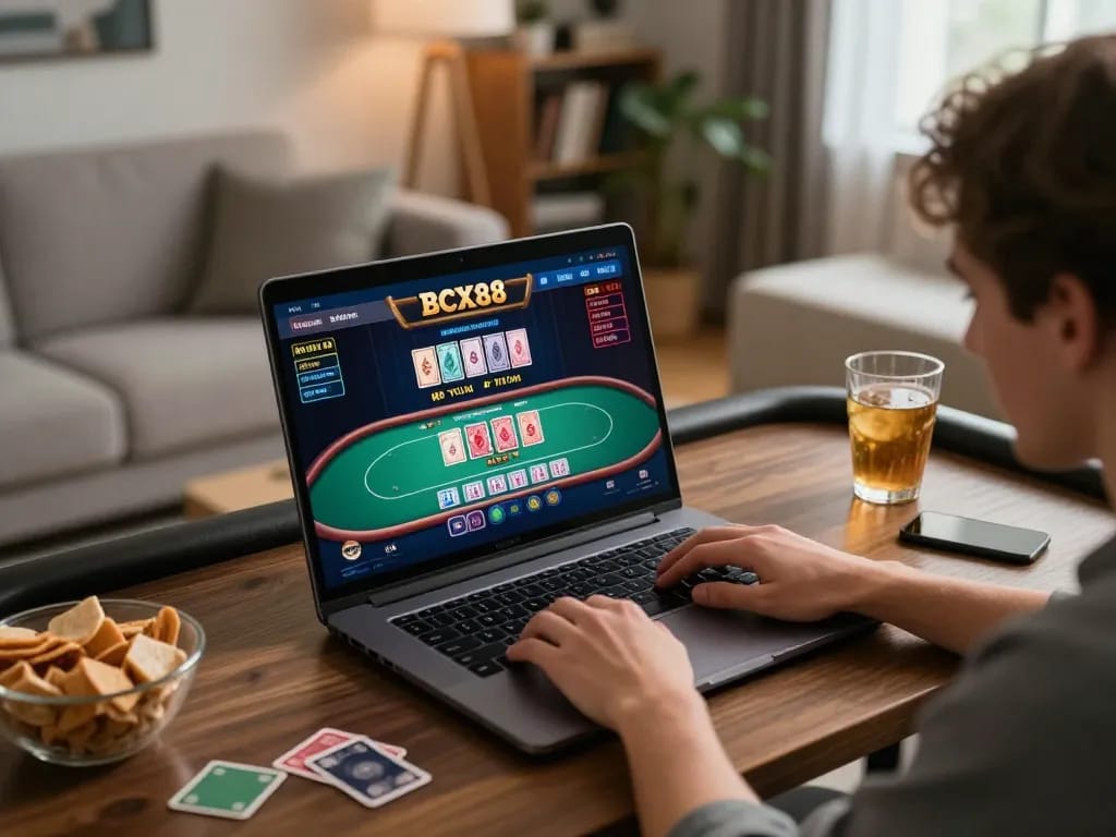 Player enjoying BCX88 online gaming on a laptop with live dealer action.