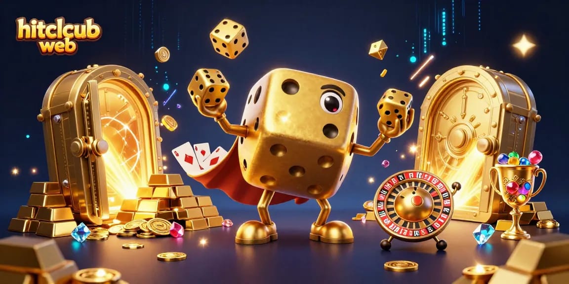 Engage with the hitclcub web scene showcasing a golden dice golem with lavish casino treasures.