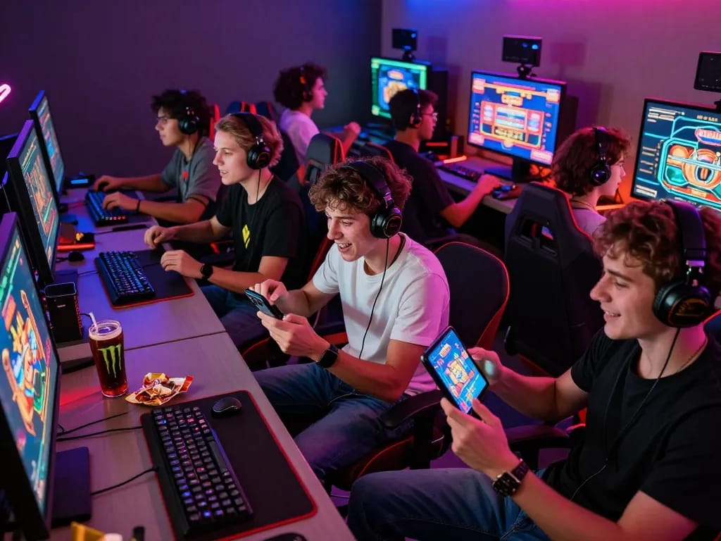 Engaging gaming group enjoying tải sun win on various devices in a colorful setting.