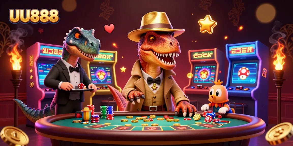 Watch the UU888 velociraptor card counter in action at the blackjack table, surrounded by colorful gaming elements.