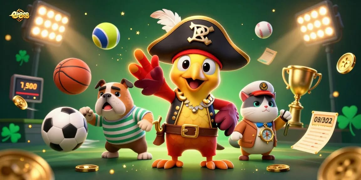 Win big with ee888 at an exciting online casino featuring cartoon pirate characters and vibrant sports elements.