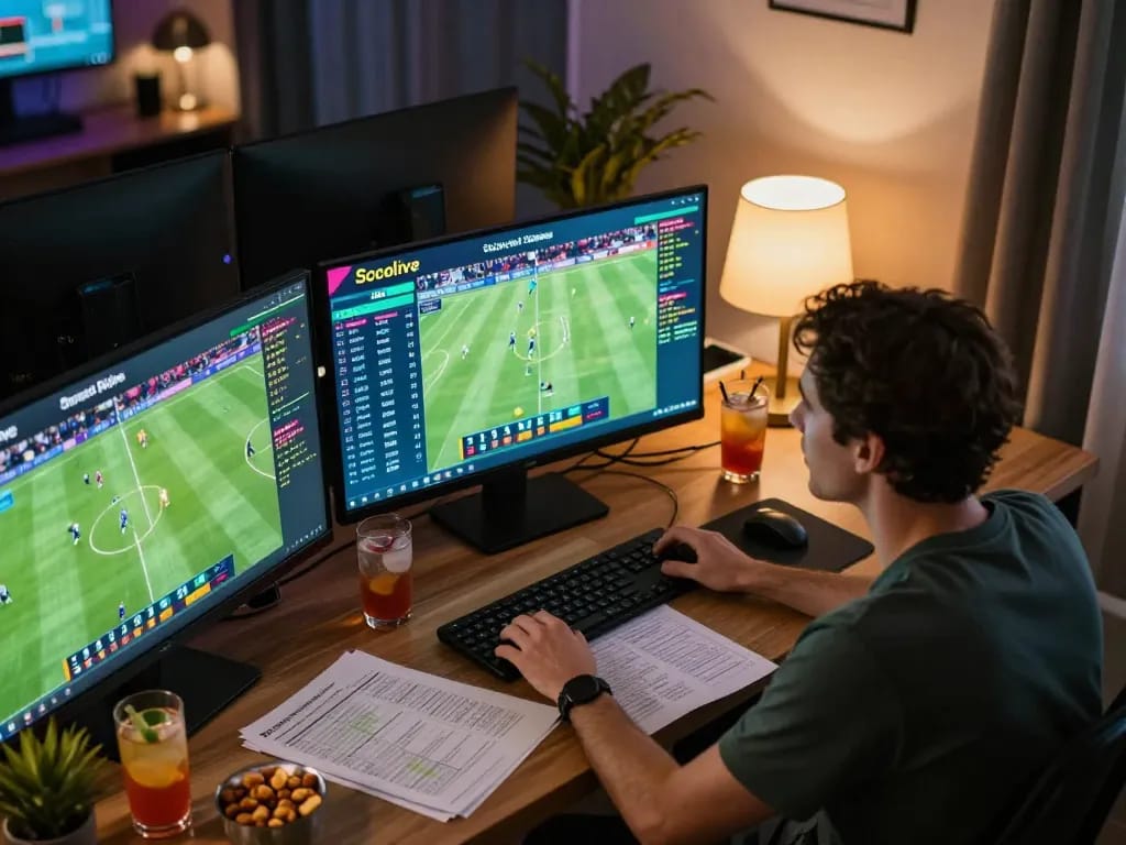 Engaging scene of a user placing bets on Socolive, surrounded by football match screens and strategic notes