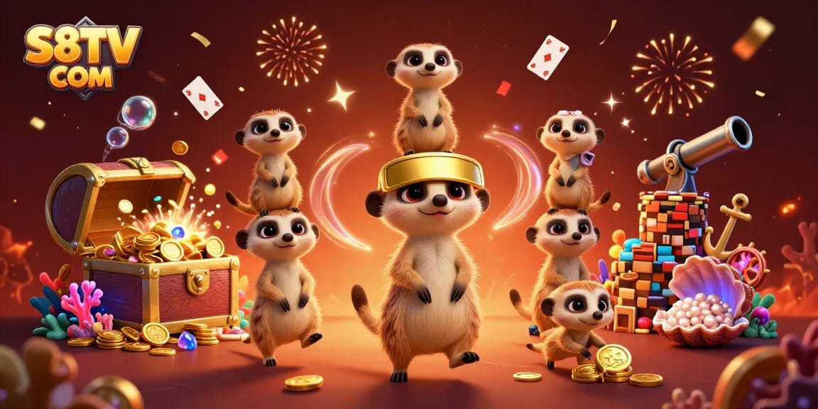 S8TV COM showcases a fun and colorful scene with playful meerkats managing a casino operation, filled with gems and gold coins.