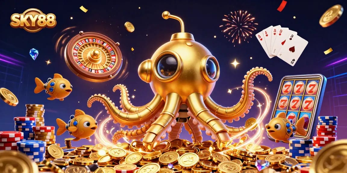 Experience thrilling gameplay at SKY88 with the golden kraken amidst coins and casino elements.