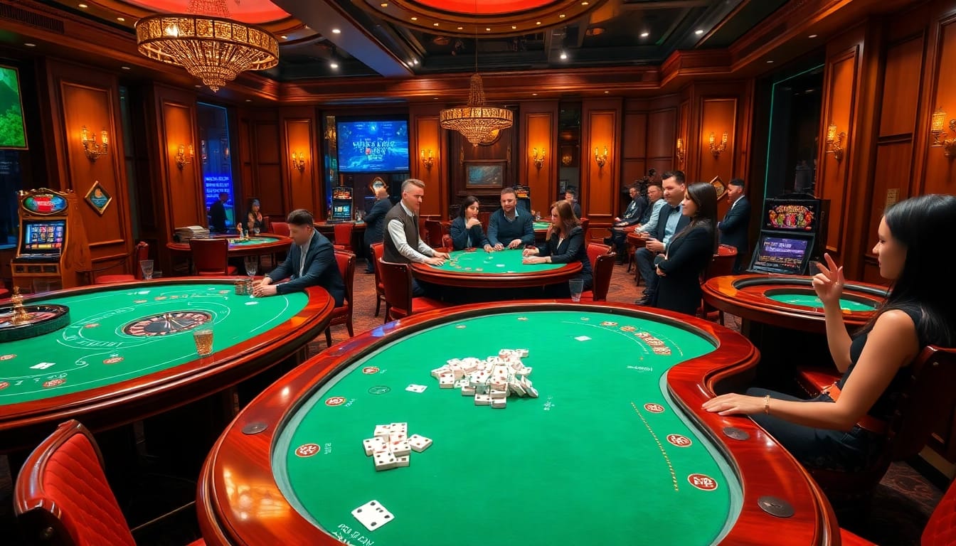 Experience the excitement of Dominoqiu with players at a luxurious casino table.