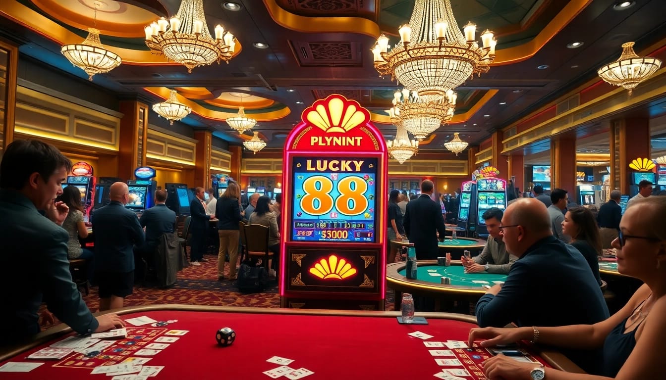 Players enjoying the excitement of the Lucky 88 slot machine in a luxurious casino setting.
