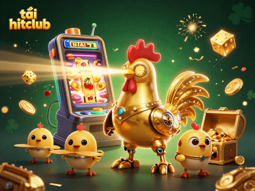 Experience the excitement of tải hitclub as the futuristic golden rooster robot leads gaming adventures with vibrant casino elements.