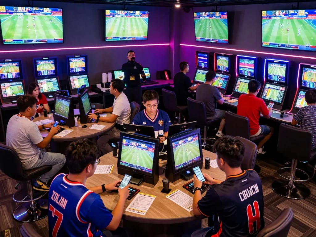 Engaged sports bettors enjoying kèo nhà cái at a vibrant sportsbook venue