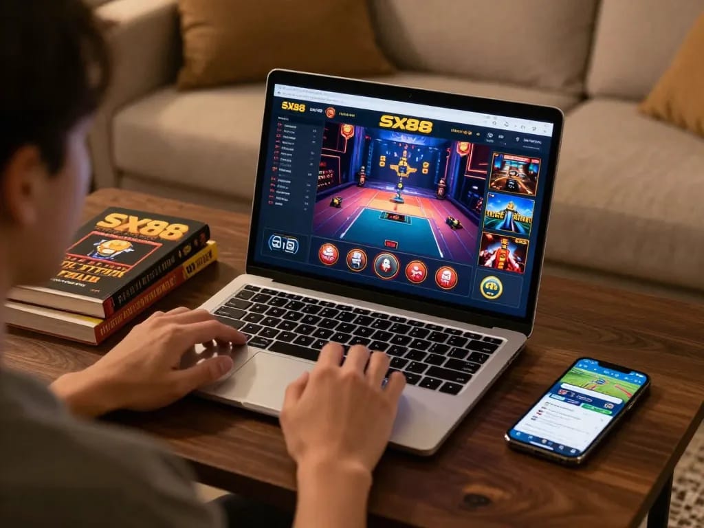 SX88 casino interface on laptop during strategic online gaming session in cozy home.