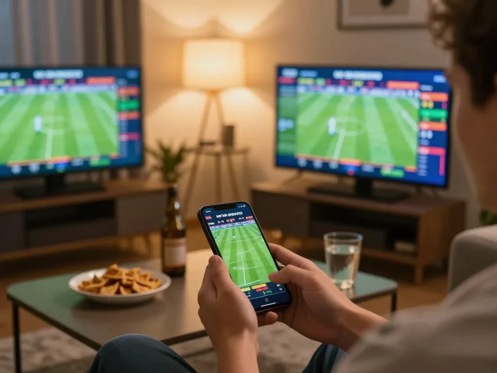 Engaging in live sports betting on vipwin with a smartphone in a cozy setting