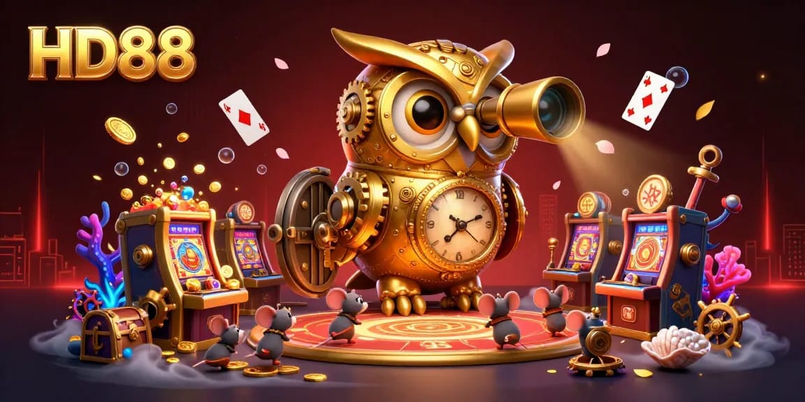Experience engaging gameplay at HD88, featuring a clockwork owl among bustling small patrons in a vibrant casino.