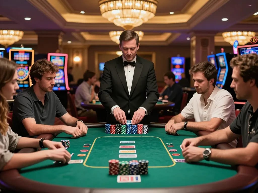 Players strategizing on Vin88 poker table with vibrant atmosphere in an upscale casino.