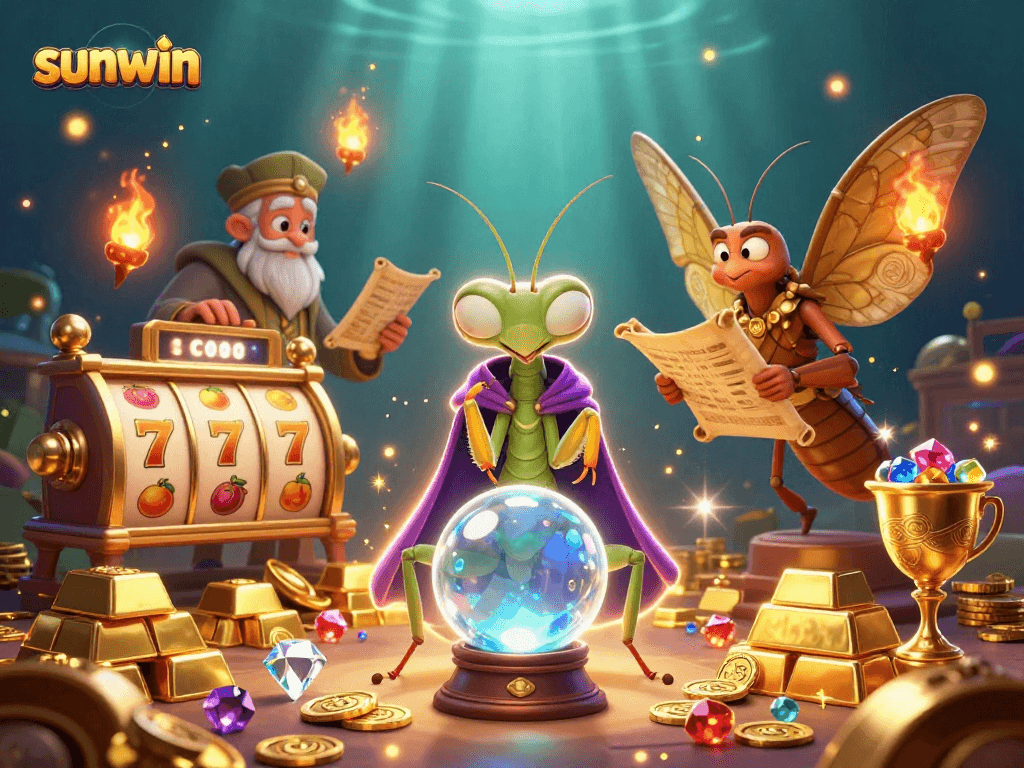 Get lucky with sunwin at a vibrant casino scene featuring a fortune teller and treasure elements.