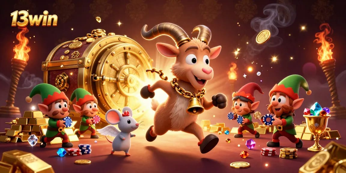 Engage in thrilling gameplay with 13win's festive casino scene featuring unique characters