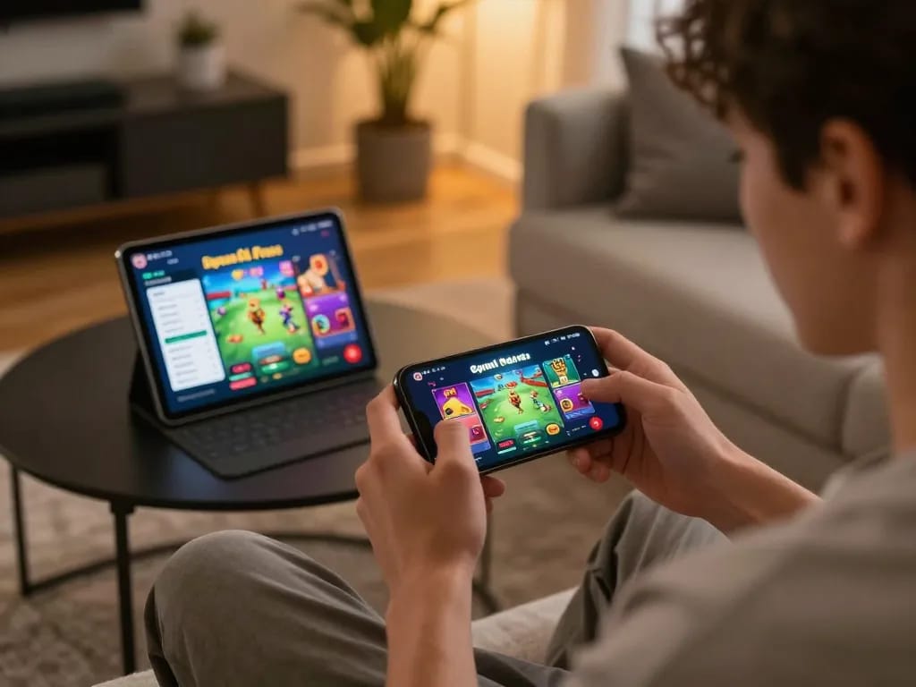 Player enjoying game go8 on smartphone, cozy home setting, showcasing strategic online gambling atmosphere