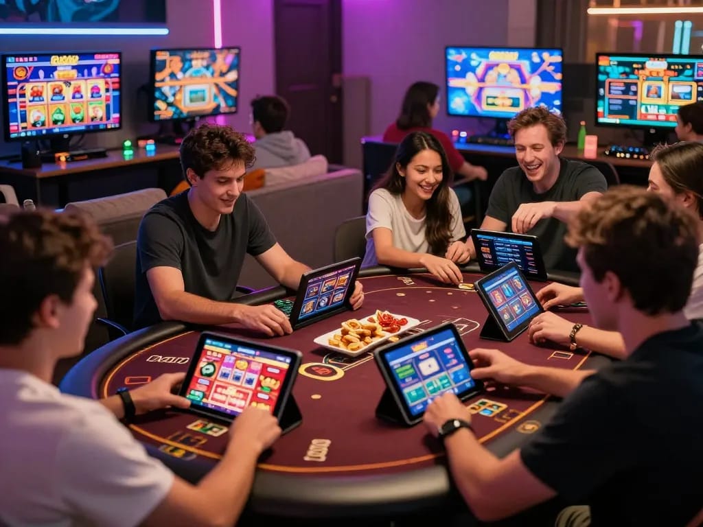 Players enjoying rik vip online gaming in vibrant home casino setting.