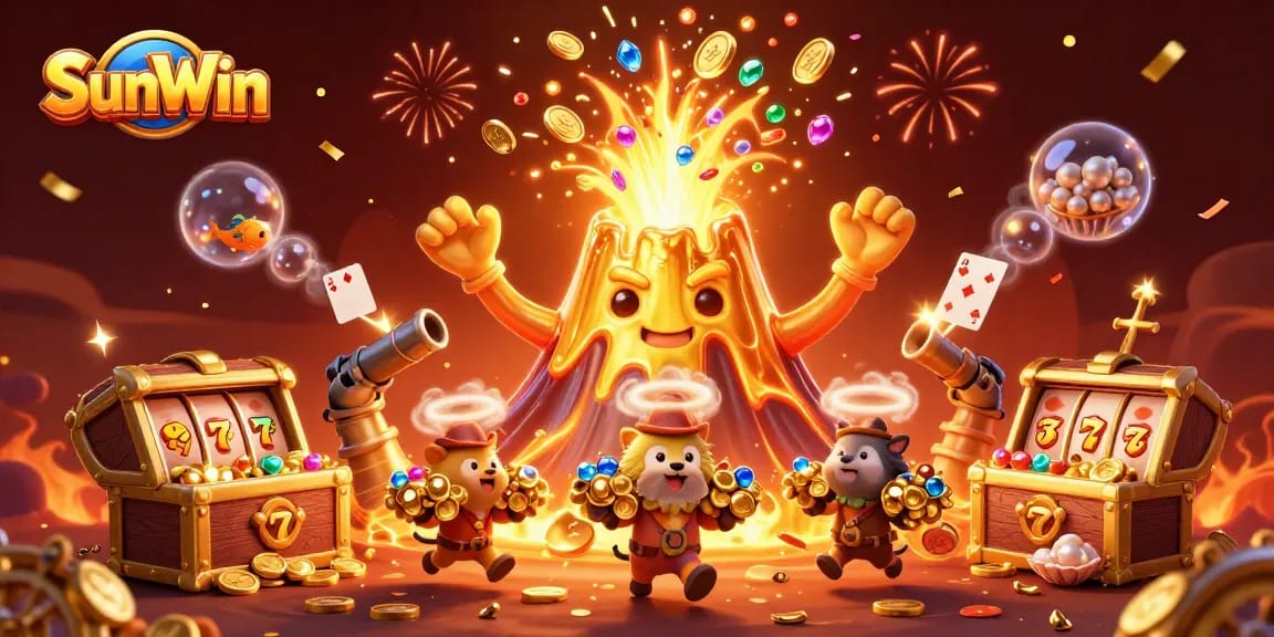 SunWin features a triumphant golden volcano erupting treasures, enhanced with slot game elements and celebratory fireworks.