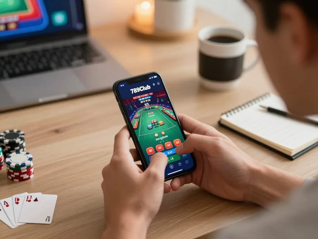 Engaged player using the 789Club app for online gaming strategy in a cozy home setting.