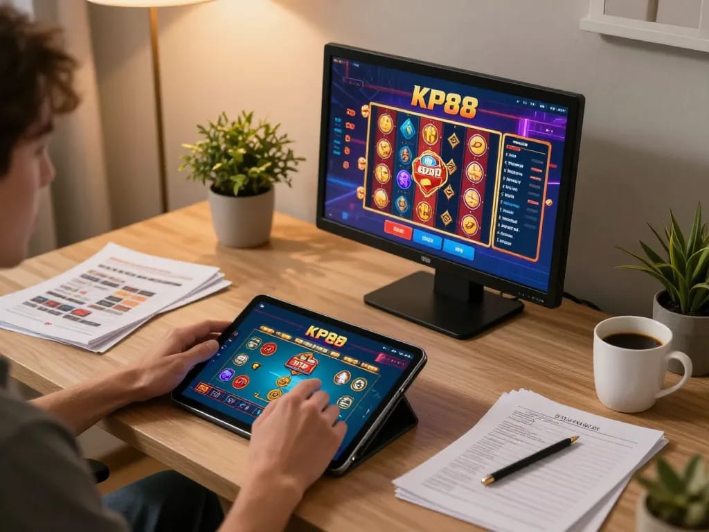 Engaging with KP88 casino app on a sleek tablet in a cozy home setting.