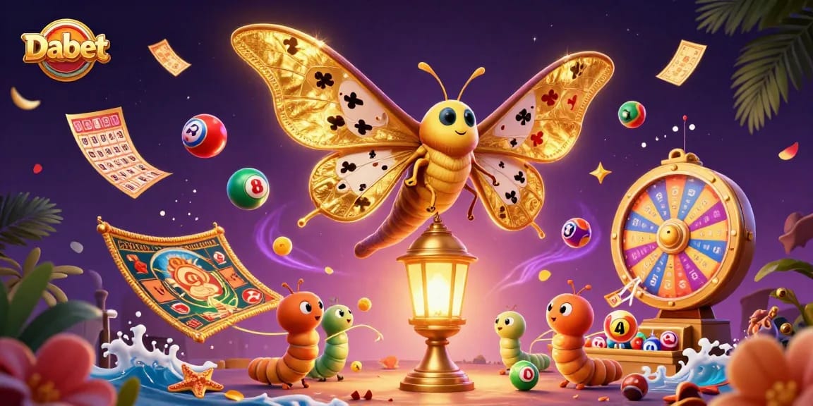 Dabet offers a colorful casino scene with vibrant lottery balls and golden game elements creating excitement.