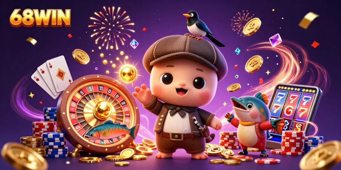 Play and win with 68WIN in an exciting casino-themed scene featuring treasures and games.